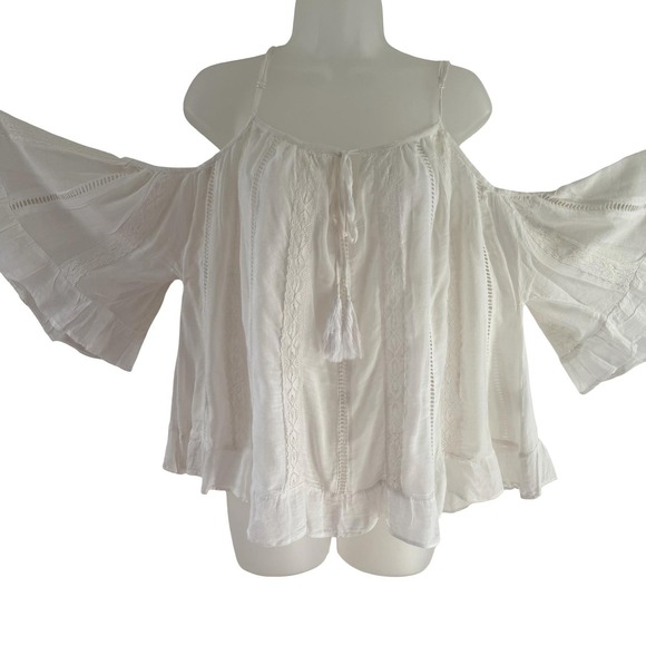 Miss June Paris Blouse Womens White Boho Cold Shoulder Bell Sleeve Lace S/M - Picture 6 of 16